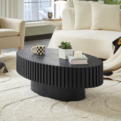 Modern Handcrafted Wooden Drum Coffee Table Oval Small with Pedestal Base Decorative for Living Room Home Furniture