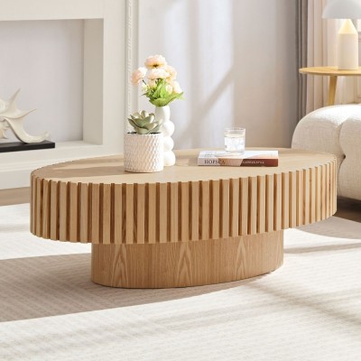 Modern Handcrafted Wooden Drum Coffee Table Oval Small with Pedestal Base Decorative for Living Room Home Furniture