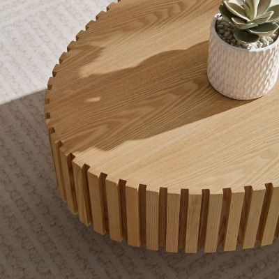 Modern Handcrafted Wooden Drum Coffee Table Oval Small with Pedestal Base Decorative for Living Room Home Furniture