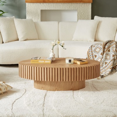 Modern Handcrafted Wooden Drum Coffee Table Oval Small with Pedestal Base Decorative for Living Room Home Furniture