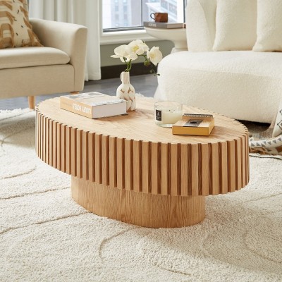 Modern Handcrafted Wooden Drum Coffee Table Oval Small with Pedestal Base Decorative for Living Room Home Furniture