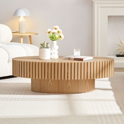 Modern Handcrafted Wooden Drum Coffee Table Oval Small with Pedestal Base Decorative for Living Room Home Furniture