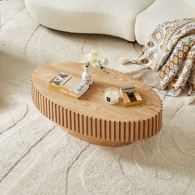 Modern Handcrafted Wooden Drum Coffee Table Oval Small with Pedestal Base Decorative for Living Room Home Furniture