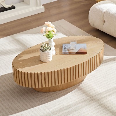 Modern Handcrafted Wooden Drum Coffee Table Oval Small with Pedestal Base Decorative for Living Room Home Furniture