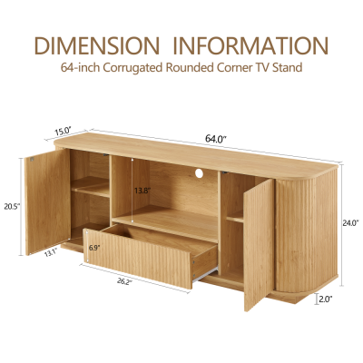 64-Inch Modern Wavy TV Stand Wooden Storage Cabinet Press-to-Open Doors Durable Eco-Friendly Home Furniture for Living Room