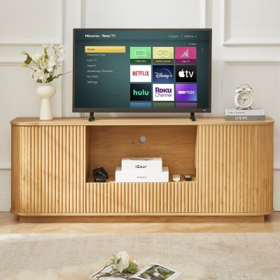 64-Inch Modern Wavy TV Stand Wooden Storage Cabinet Press-to-Open Doors Durable Eco-Friendly Home Furniture for Living Room