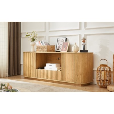 64-Inch Modern Wavy TV Stand Wooden Storage Cabinet Press-to-Open Doors Durable Eco-Friendly Home Furniture for Living Room