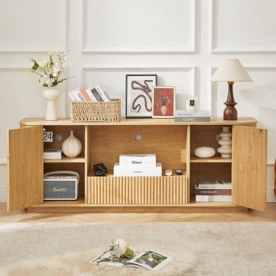 64-Inch Modern Wavy TV Stand Wooden Storage Cabinet Press-to-Open Doors Durable Eco-Friendly Home Furniture for Living Room
