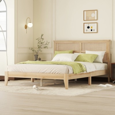 Queen Size Solid Rubber Wood Bed with PE Rattan Headboard, Support Feet Reinforcement, Underbed Storage Space, Natural