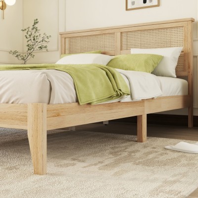 Queen Size Solid Rubber Wood Bed with PE Rattan Headboard, Support Feet Reinforcement, Underbed Storage Space, Natural