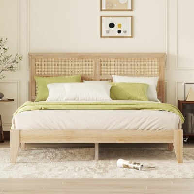 Queen Size Solid Rubber Wood Bed with PE Rattan Headboard, Support Feet Reinforcement, Underbed Storage Space, Natural