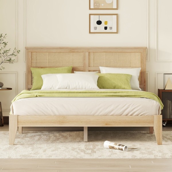 Queen Size Solid Rubber Wood Bed with PE Rattan Headboard, Support Feet Reinforcement, Underbed Storage Space, Natural