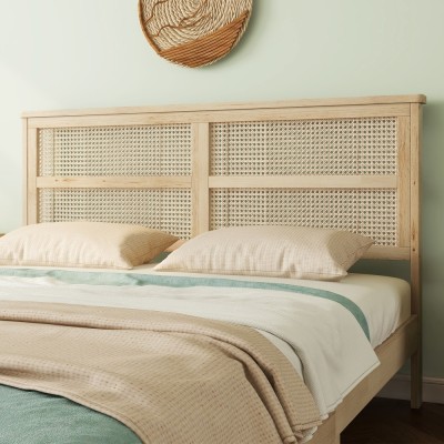 Queen Size Solid Rubber Wood Bed with PE Rattan Headboard, Support Feet Reinforcement, Underbed Storage Space, Natural