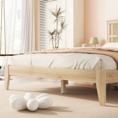 Queen Size Solid Rubber Wood Bed with PE Rattan Headboard, Support Feet Reinforcement, Underbed Storage Space, Natural