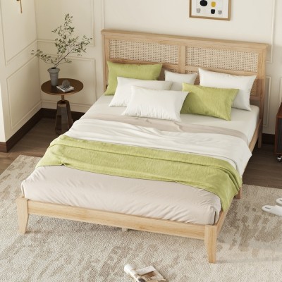 Queen Size Solid Rubber Wood Bed with PE Rattan Headboard, Support Feet Reinforcement, Underbed Storage Space, Natural
