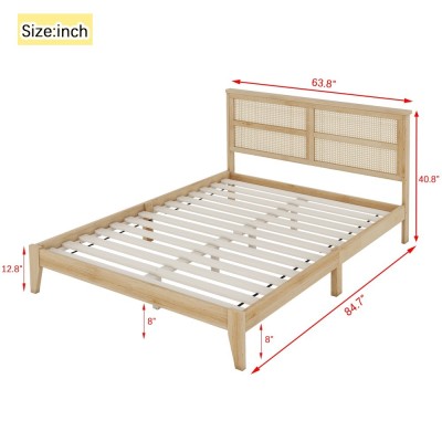 Queen Size Solid Rubber Wood Bed with PE Rattan Headboard, Support Feet Reinforcement, Underbed Storage Space, Natural