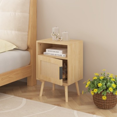 Modern Rattan Nightstand with Door Open Shelf and Solid Wood Legs Eco-Friendly Durable Bedroom Furniture for Small Spaces