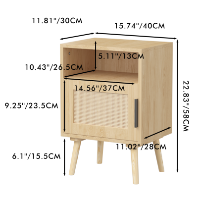 Modern Rattan Nightstand with Door Open Shelf and Solid Wood Legs Eco-Friendly Durable Bedroom Furniture for Small Spaces