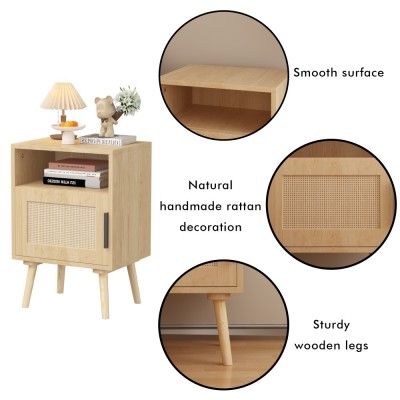 Modern Rattan Nightstand with Door Open Shelf and Solid Wood Legs Eco-Friendly Durable Bedroom Furniture for Small Spaces
