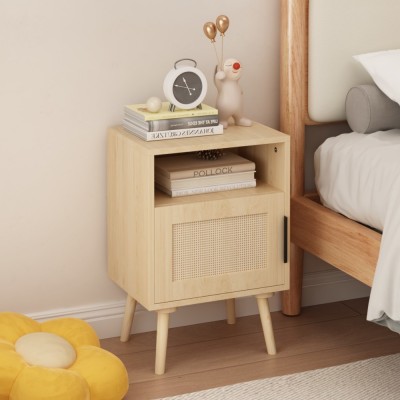 Modern Rattan Nightstand with Door Open Shelf and Solid Wood Legs Eco-Friendly Durable Bedroom Furniture for Small Spaces