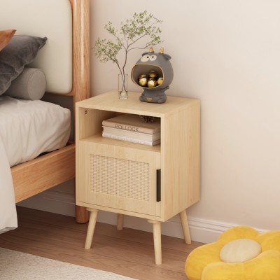 Modern Rattan Nightstand with Door Open Shelf and Solid Wood Legs Eco-Friendly Durable Bedroom Furniture for Small Spaces