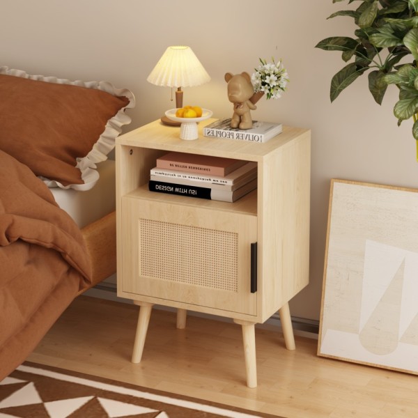 Modern Rattan Nightstand with Door Open Shelf and Solid Wood Legs Eco-Friendly Durable Bedroom Furniture for Small Spaces