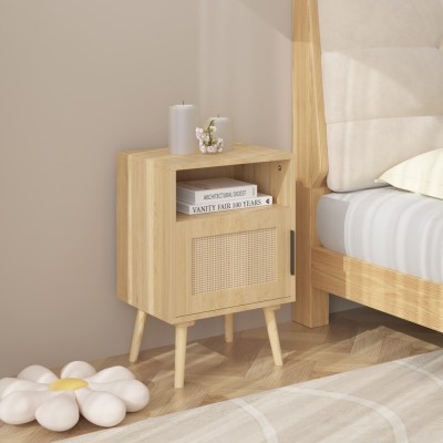 Modern Rattan Nightstand with Door Open Shelf and Solid Wood Legs Eco-Friendly Durable Bedroom Furniture for Small Spaces