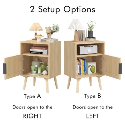 Modern Rattan Nightstand with Door Open Shelf and Solid Wood Legs Eco-Friendly Durable Bedroom Furniture for Small Spaces