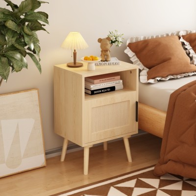 Modern Rattan Nightstand with Door Open Shelf and Solid Wood Legs Eco-Friendly Durable Bedroom Furniture for Small Spaces