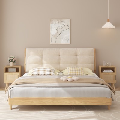 Modern Rattan Nightstand with Door Open Shelf and Solid Wood Legs Eco-Friendly Durable Bedroom Furniture for Small Spaces