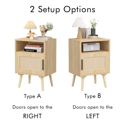 Modern Rattan Nightstand with Door Open Shelf and Solid Wood Legs Eco-Friendly Durable Bedroom Furniture for Small Spaces