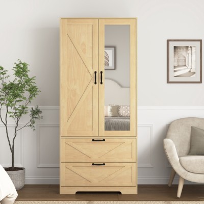 2-Door Wood Wardrobe with Hanging Rod, Built-in Induction Light, Storage Drawers and Mirror, Multifunctional Bedroom Closet