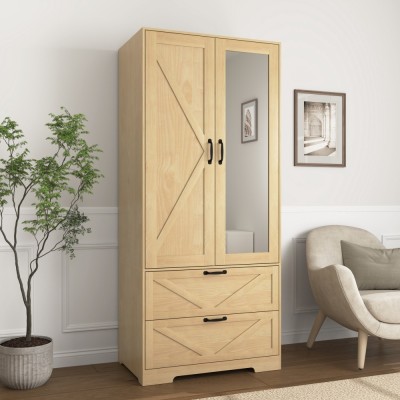2-Door Wood Wardrobe with Hanging Rod, Built-in Induction Light, Storage Drawers and Mirror, Multifunctional Bedroom Closet