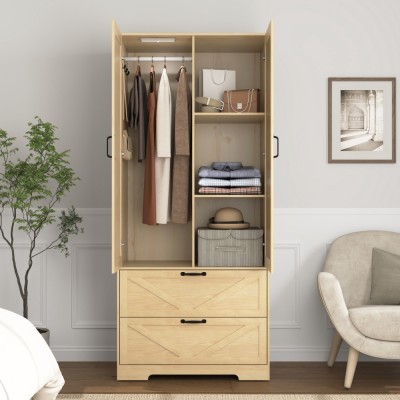 2-Door Wood Wardrobe with Hanging Rod, Built-in Induction Light, Storage Drawers and Mirror, Multifunctional Bedroom Closet