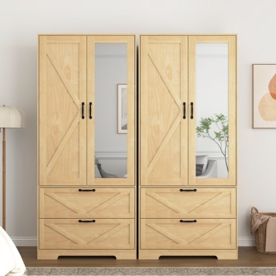 2-Door Wood Wardrobe with Hanging Rod, Built-in Induction Light, Storage Drawers and Mirror, Multifunctional Bedroom Closet