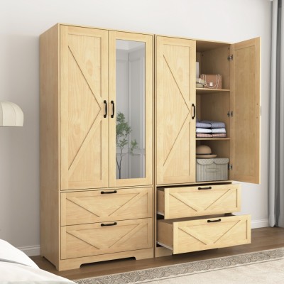 2-Door Wood Wardrobe with Hanging Rod, Built-in Induction Light, Storage Drawers and Mirror, Multifunctional Bedroom Closet