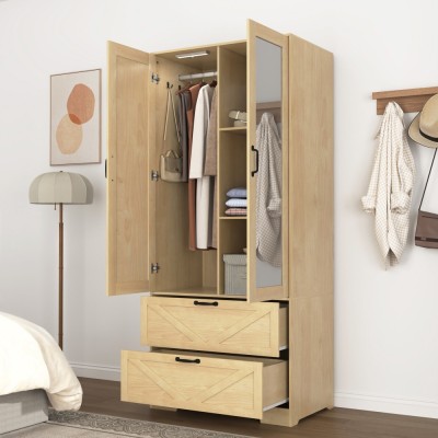 2-Door Wood Wardrobe with Hanging Rod, Built-in Induction Light, Storage Drawers and Mirror, Multifunctional Bedroom Closet