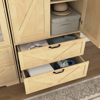 2-Door Wood Wardrobe with Hanging Rod, Built-in Induction Light, Storage Drawers and Mirror, Multifunctional Bedroom Closet