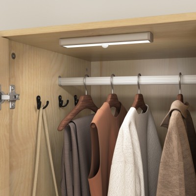 2-Door Wood Wardrobe with Hanging Rod, Built-in Induction Light, Storage Drawers and Mirror, Multifunctional Bedroom Closet