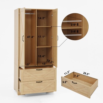 2-Door Wood Wardrobe with Hanging Rod, Built-in Induction Light, Storage Drawers and Mirror, Multifunctional Bedroom Closet