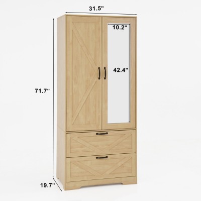 2-Door Wood Wardrobe with Hanging Rod, Built-in Induction Light, Storage Drawers and Mirror, Multifunctional Bedroom Closet