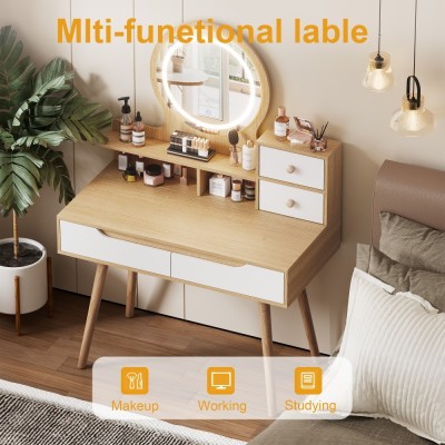 Modern Makeup Vanity Desk with 3-Color Lighted Mirror, Solid Wood Legs, 4 Drawers & 3 Open Shelves for Small Bedroom Spaces, Ame