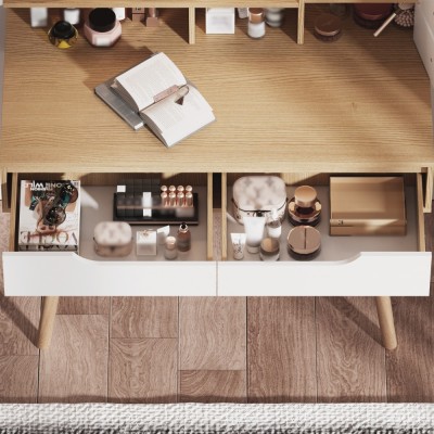 Modern Makeup Vanity Desk with 3-Color Lighted Mirror, Solid Wood Legs, 4 Drawers & 3 Open Shelves for Small Bedroom Spaces, Ame