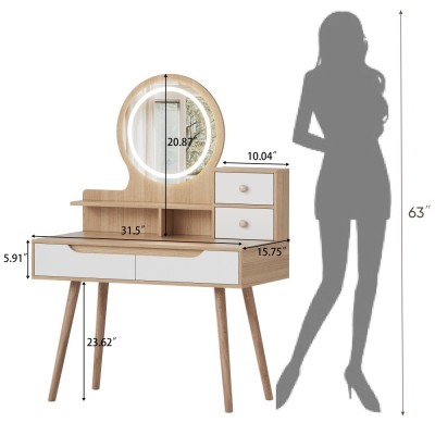 Modern Makeup Vanity Desk with 3-Color Lighted Mirror, Solid Wood Legs, 4 Drawers & 3 Open Shelves for Small Bedroom Spaces, Ame