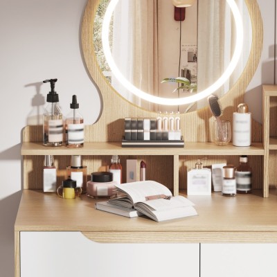 Modern Makeup Vanity Desk with 3-Color Lighted Mirror, Solid Wood Legs, 4 Drawers & 3 Open Shelves for Small Bedroom Spaces, Ame