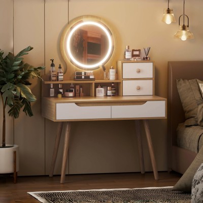 Modern Makeup Vanity Desk with 3-Color Lighted Mirror, Solid Wood Legs, 4 Drawers & 3 Open Shelves for Small Bedroom Spaces, Ame