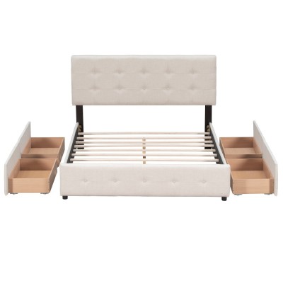 Upholstered Platform Bed Modern Headboard 4 Drawers Eco-Friendly Durable Design No Box Spring Needed Linen Fabric Queen Soft Bed