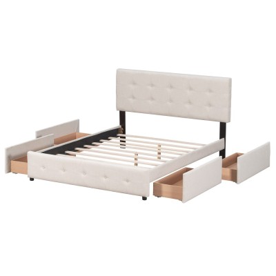 Upholstered Platform Bed Modern Headboard 4 Drawers Eco-Friendly Durable Design No Box Spring Needed Linen Fabric Queen Soft Bed