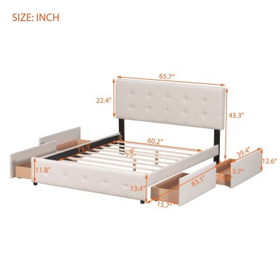 Upholstered Platform Bed Modern Headboard 4 Drawers Eco-Friendly Durable Design No Box Spring Needed Linen Fabric Queen Soft Bed
