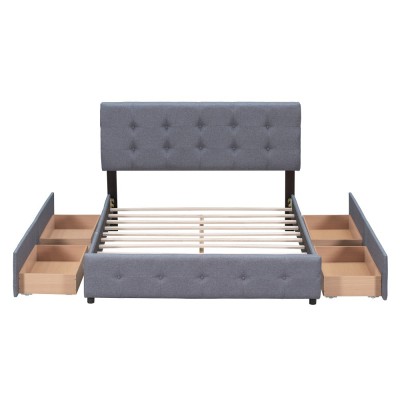 Upholstered Platform Bed Modern Headboard 4 Drawers Eco-Friendly Durable Design No Box Spring Needed Linen Fabric Queen Soft Bed
